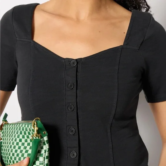 Nation LTD Marcella Button Front Sweetheart Neckline Short Sleeve Top in Black - Picture 6 of 13